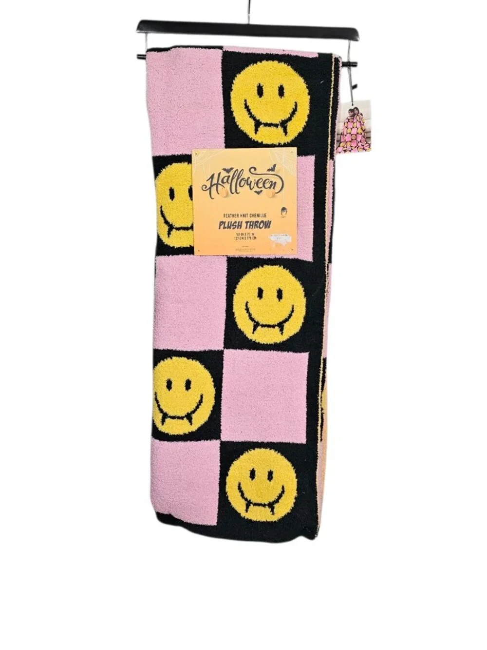 Halloween Vampire Smiley Face Knit Chenille Checkerboard Throw Blanket New